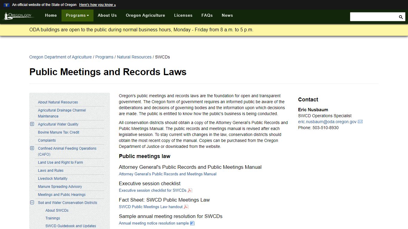 State of Oregon: SWCDs - Public Meetings and Records Laws